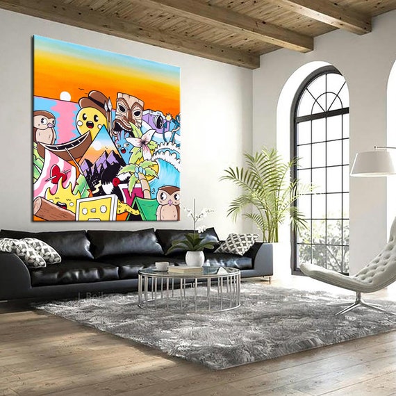 Large Pop Art Painting, Colorful Canvas Art Print, Living Room Wall Décor,  Graffiti Style Owl Wall Art, Office Wall Art, Owl Art 