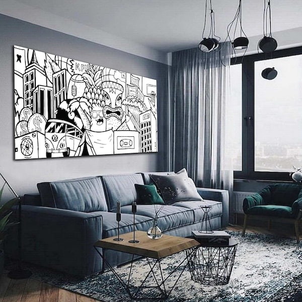 Black and White Graffiti Style Wall Art, Extra Large Graffiti Style Pop Art Print, Street-art-style illustration, Office Gift, Gift For Him