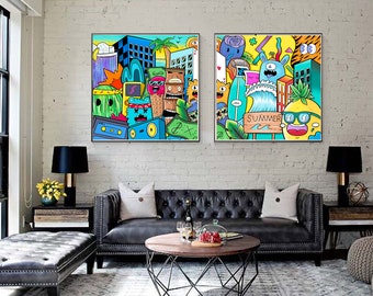 Large Canvas Art Print  Set, Modern Pop Art Set, Extra Large Wall Art, Living Room Art Print, Restaurant Décor, Office Wall Art.