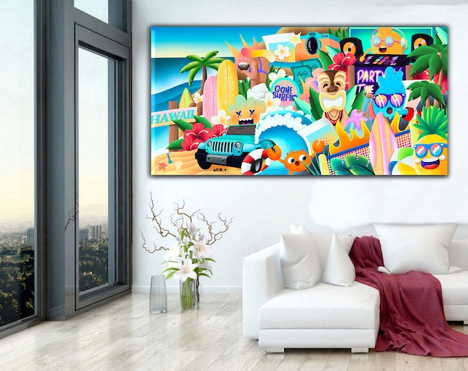 Featured listing image: Kfir Tager Horizontal Pop Art Painting, Honolulu Canvas Art Print, Large Wall Art, Living Room décor, Office Wall Art, Gift For Surfer