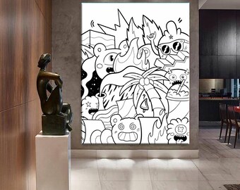 Zwart-wit pop-art canvasafdruk: graffitistijl stripmuurkunst