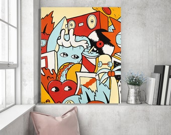Colorful Graffiti Style Canvas Print: Pop Art Living Room Wall Decor