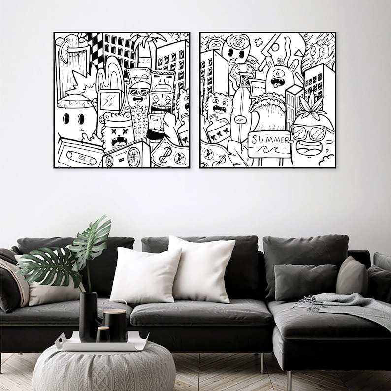 Extra Large Black and White Wall Art Modern Pop Art Set Etsy
