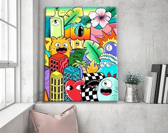 カラフルなグラフィティキャンバスプリント：ポップアートのオフィスの