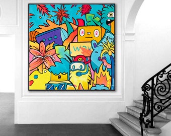 大きなポップアートキャンバスプリント：カラフルなグラフィティの壁