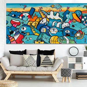 Kfir Tager Painting, Extra Large Wall Art, Horizontal Pop Art Painting, Street Art Canvas Print, Living Room Wall Art, Office Wall Art