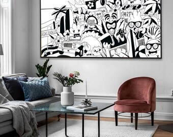 ホノルルポップアートキャンバスプリント：モノクロビーチシーン、大型