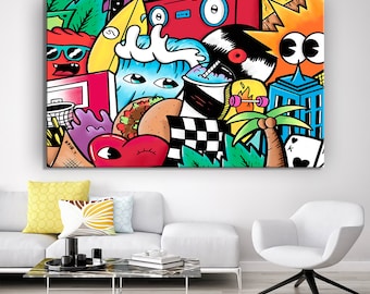 Extra Large Pop Art Wall Art, Kfir Tager Painting, Colorful Canvas Print, Graffiti Style Wall Art, Living Room Wall Décor , Office Wall Art