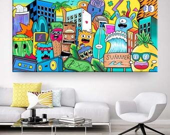 カラフルなグラフィティキャンバスプリント：ポップアートのオフィスの