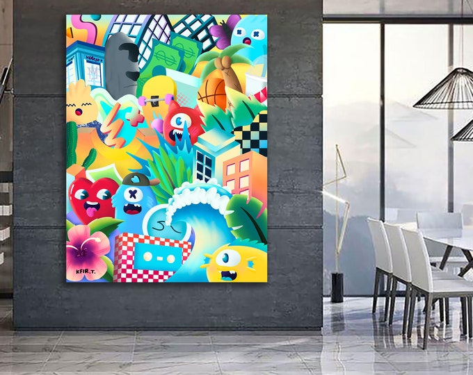 Featured listing image: Kfir Tager Vertical Street Art Painting, Pop Art Canvas Art Print, Living Room Wall Décor, Large Graffiti Style Wall Art, Office Wall Art