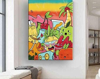 グラフィティポップアートキャンバスプリント：縦長のカラフルな