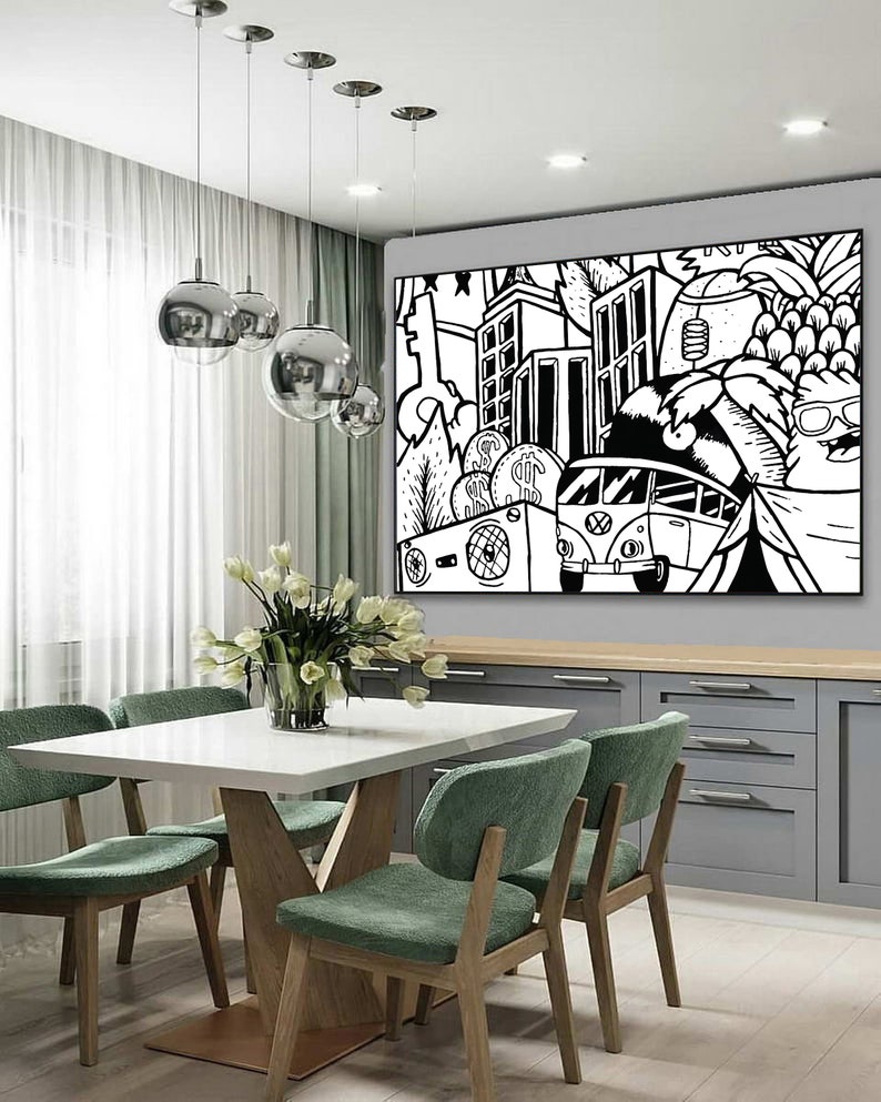 Black and White Graffiti Style Wall Art Canvas Print Extra Etsy