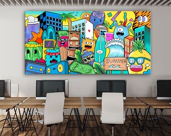 Großes Graffiti-Gemälde für Büro, Kfir Tager Malerei, Straßenkunst-Leinwand-Kunstdruck, Büro-Wanddekor, Geschenk für neues Büro