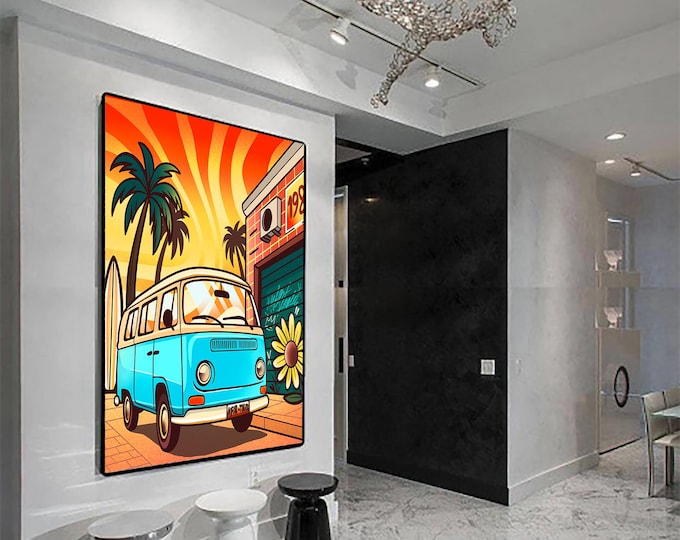 Featured listing image: Afternoon vibe – Vintage Surf Van Pop Art Canvas | California Beach Life Print by Kfir Tager | Eternal Summer Collection