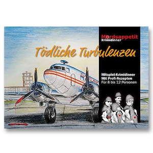 Op de afbeelding: Een speldoosomslag met een cartoonillustratie van een wit en rood vliegtuig met de tekst "Tödliche Turbulenzen" en "Mordsappetit Krimidinner" in oranje en geel. De tekst onder de afbeelding luidt "Mitspiel-Krimidinner Mit Profi-Rezepten Für 8 bis 12 Personen".