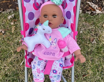 Personalized doll stroller with brown baby-perfect toddler birthday gift