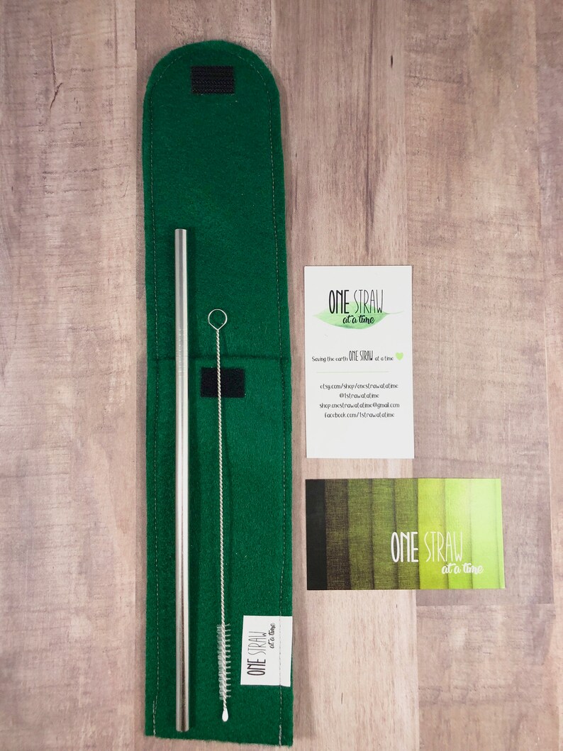 Green Felt Carry Case Cleaning Brush 8.5 inch Stainless Steel Reusable Straw