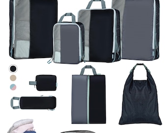 Set of 8 compression packing cubes for travel accessories - Expandable bags for clothing, toiletry, organizing essentials (Black & Grey)
