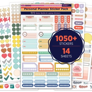 May include: A set of 14 sheets of colorful planner stickers with 1050+ stickers. The stickers include various designs, such as stars, hearts, circles, and text boxes. The stickers are perfect for organizing and decorating planners, journals, and other paper goods.