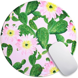 Round Gaming Mouse Pad Custom Non-slip Rubber Pad Stitched Edge Cactus Cute and Unique Pattern Design for Home Office Decor
