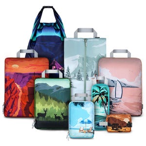 May include: Set of eight colorful travel packing cubes with various landscape designs. The cubes are made of lightweight, water-resistant fabric and feature zipper closures.