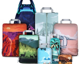 Set of 8 compression packing cubes for travel accessories - Expandable bags for clothing, toiletry, organizing essentials (Holiday)