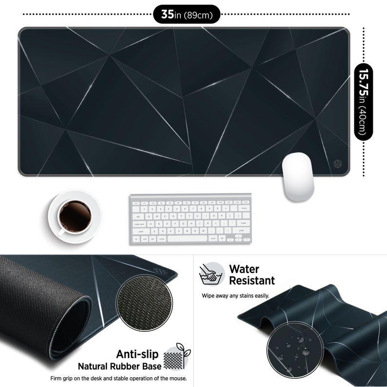 May include: A large black and silver gaming mouse pad with a geometric pattern. The mouse pad is 35 inches by 15.75 inches and has a non-slip rubber base. It is also water resistant.