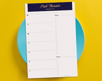 Weekly Magnetic Meal Planner Notepad - 52 Sheets with Tear Off Perforated Grocery Shopping List (Navy Gold 6" X 9")