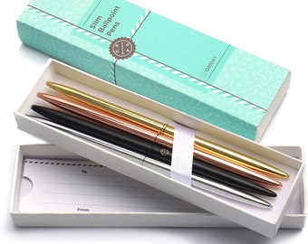 Slim Ballpoint Pen Set of 4, Metal Ball Point Pen In A Gift Box for Home Office Decor - Assortment - Gold/Rose Gold/Silver/Black - Black Ink
