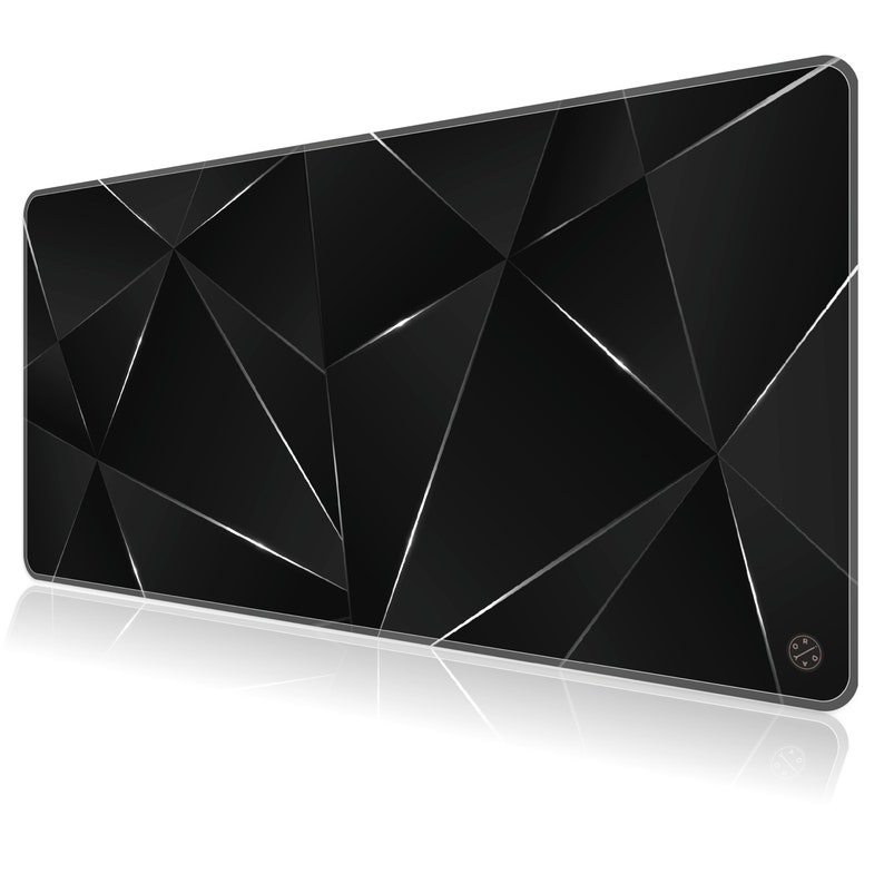May include: Black gaming mouse pad with a geometric pattern of silver lines. The mouse pad has a subtle sheen and a logo in the lower right corner.