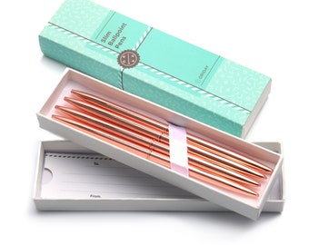 Slim Ballpoint Pen Set of 4, Metal Ball Point Pen In A Gift Box for Women, Home Office Decor - Rose Gold, Black Ink