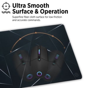 May include: A black gaming mouse pad with a geometric pattern and a black mouse with a blue and purple light. The text "Ultra Smooth Surface & Operation" is at the top of the image. The text "Superfine fiber cloth surface for low-friction and accurate commands." is below the title.