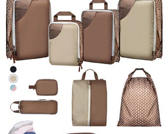 Set of 8 compression packing cubes for travel accessories - Expandable bags for clothing, toiletry, organizing essentials (Beige & Brown)