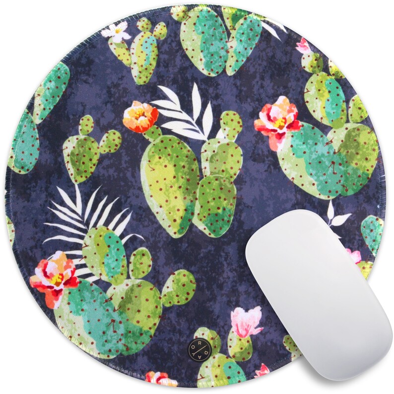 Round Gaming Mouse Pad Custom Non-slip Rubber Pad Stitched Edge Cactus Cute and Unique Pattern Design for Home Office Decor