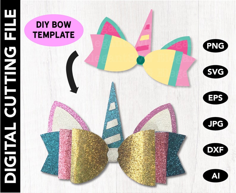 Cricut Cut File Silhouette DXF Download Clip Art Ribbon Faux Leather Baby Cheer Glitter Bows Stencil Template DIY Unicorn Bow Template