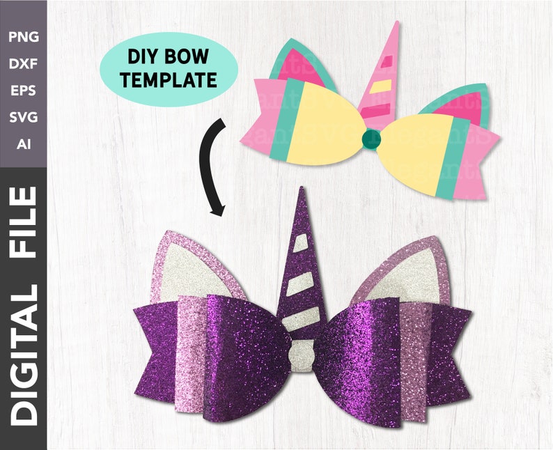 Cricut Cut File Silhouette DXF Download Clip Art Ribbon Faux Leather Baby Cheer Glitter Bows Stencil Template DIY Unicorn Bow Template