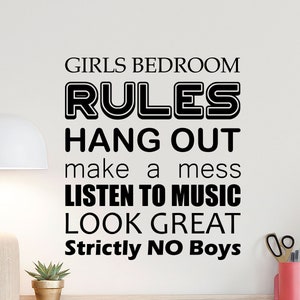 Chicas dormitorio reglas calcomanía pared cartel sala de juegos puerta de la guardería niña dormitorio decoración vinilo etiqueta engomada niños citar niños niña pared arte 827