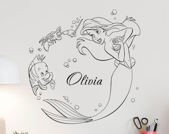 Ariel Little sirena pared calcomanía nombre personalizado bebé cartel personalizado señal Disney guardería vinilo vinilo pegatina regalo niño decoración Playroom Art 4-30