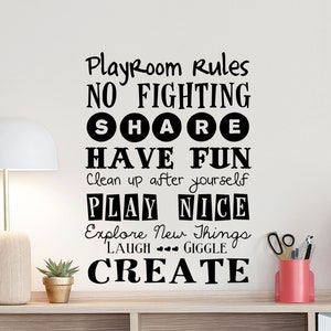 Reglas de la sala de juegos pared calcomanía signo de la sala de juegos de la guardería cartel niño niño vinilo etiqueta engomada niños letras niños decoración sala de juegos pared arte 825