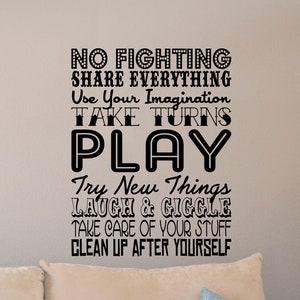 Play Room Rules Wall Calcomanía Signo Playroom Cites Vivero Poster Boy Girl Vinilo Pegatina Niños Letras Niños Decoración Sala de Juegos Arte 826