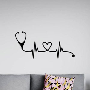 Verpleegkundige muur sticker vinyl sticker stethoscoop hartslag muur decor RN teken cadeau verpleging muur kunst poster één kleur geen achtergrond sticker 3286