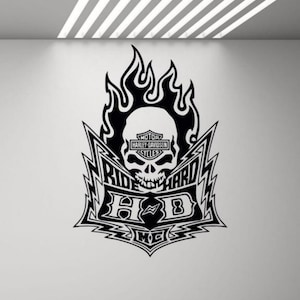 Skull Motorcycle Wall Decal Vinyl Sticker Ride Hard Burning Skull Garage Wall Decor Sign Gift Wall Art One Color No Background Decal 3259
