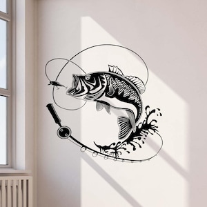 Fishing Wall Decal Fish Poster Fishing Rod Hook Sign Fisherman Gift Fisher Vinyl Sticker Beach Decor Ocean Sea Nautical Wall Art 4-81