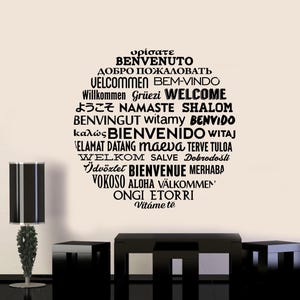 Welcome In Different Languages Wall Decal Hello Poster Office Sign Welcome Decal Quote Vinyl Sticker Hallway Decor Welcome Wall Art 8-80