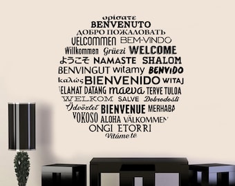 Welcome In Different Languages Wall Decal Hello Poster Office Sign Welcome Decal Quote Vinyl Sticker Hallway Decor Welcome Wall Art 8-80