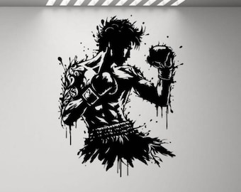 May include: Black and white graphic of a boxer in a fighting stance. The artwork features a muscular figure with boxing gloves, surrounded by paint splatter effects. The boxer is wearing shorts and has a tattoo on their arm.