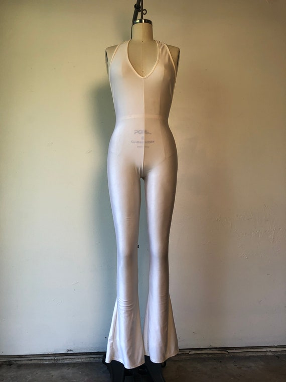 70s Disco White Spandex Jumpsuit with Bells