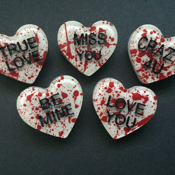 MAD LOVE handmade blood splatter conversation heart pin