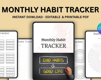 Editable Monthly Habit Tracker 2025, Digital Goal Planner, Printable Routine Tracker, Productivity PDF, Self Improvement Journal