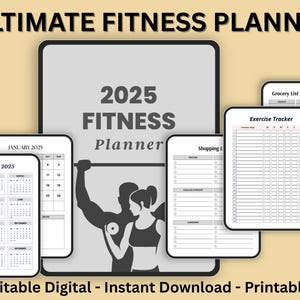 Könnte beinhalten: Ein digitaler Fitnessplaner für 2025 mit Kalender, Trainings-Tracker, Einkaufs- und Einkaufszettel. Das zentrale Bild zeigt eine Silhouette einer Person, die Gewichte hebt. Der Text lautet "ULTIMATE FITNESS PLANNER" und "2025 FITNESS Planner".